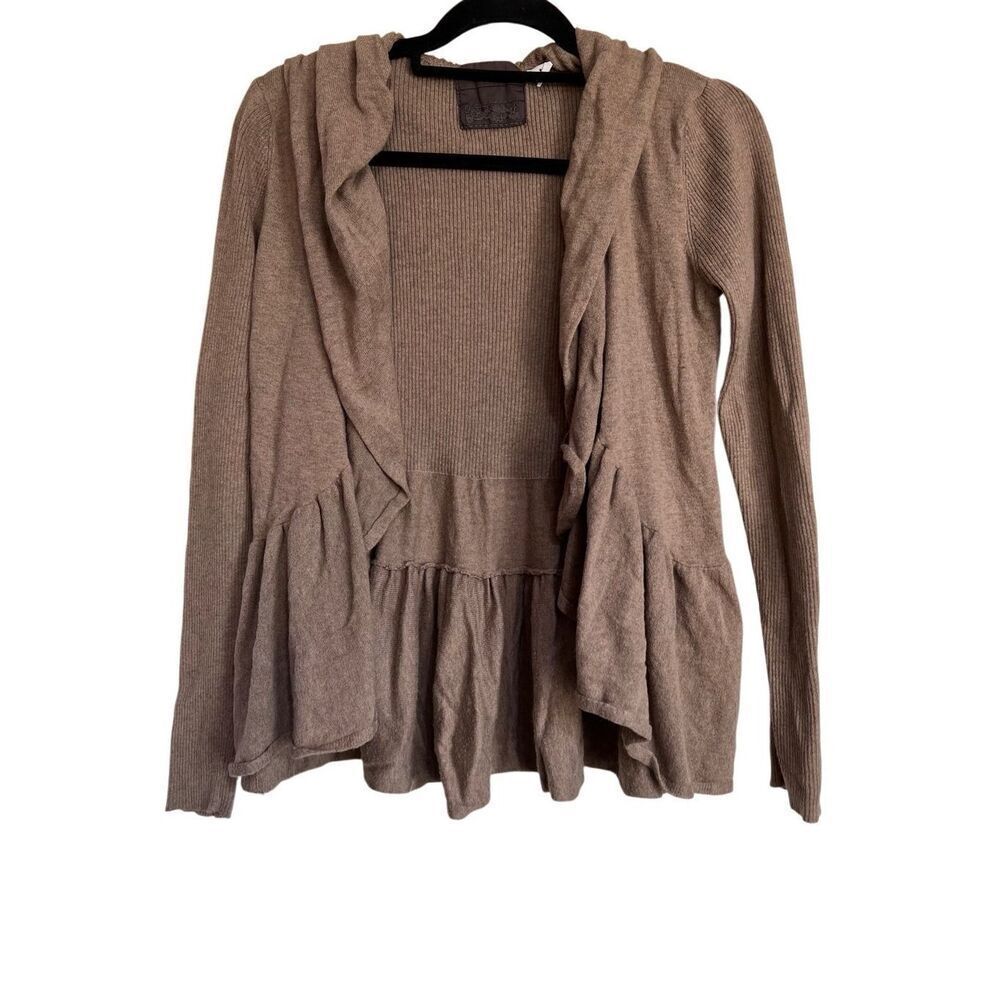Guinevere by Anthro Cardigan Womens SZ M Beige Ruffle Hem Hooded Cashmere Blend